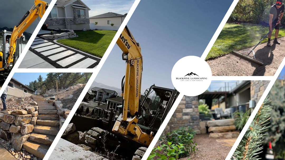 Landscaping projects showcasing machinery, pathways, stones, and outdoor spaces by Blackpine Landscaping.